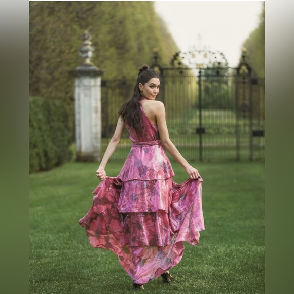 HUTCH Paige Sleeveless Halter Sequin Printed Tiered Wrap Maxi Dress - Picture 6 of 8